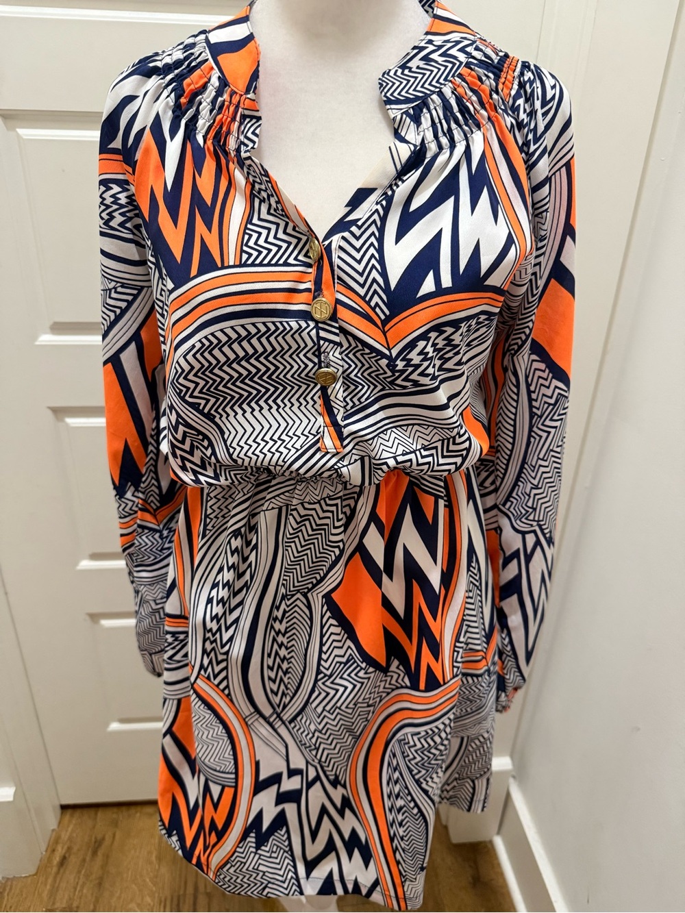 Tracy Negoshian. Geometric Print Ling Sleeve Dress. Blue/Neon Orange/White. XS.